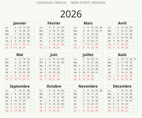 2026 french calendar vertical days. Vector illustration for France