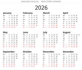 2026 calendar with vertical days. Vector english illustration. Week starts monday
