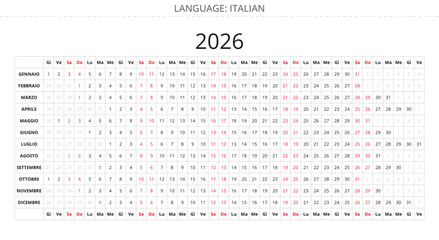 2026 italian linear calendar. Italy. Vector illustration. calendario italiano