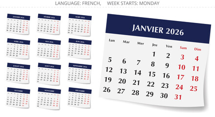 2026 year french calendar. Pages of 12 months. Vector paper illustration set for France
