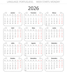 PORTUGUESE calendar for 2026 year. modern design vector illustration for Portugal