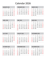 2026 calendar. A vector collection of English monthly page twelve months. Week start Sunday