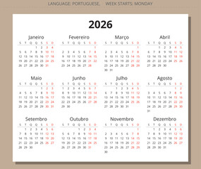 Portuguese calendar for 2026 year. Simple vector illustration Portugal - calendario portugues