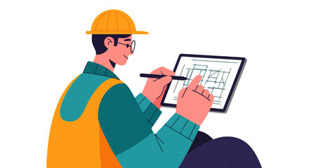 Architect Illustrating Construction Plans on a Digital Tablet in a Clean, Modern Style