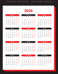 Portuguese agenda calendar 2026. Vertical vector illustration for Portugal black and red