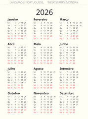 Portuguese calendar 2026 with vertical days. Vector illustration Portugal