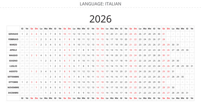 2026 italian linear calendar. Italy. Vector illustration. calendario italiano