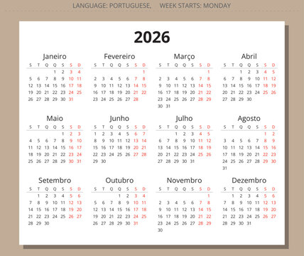 Portuguese calendar for 2026 year. Simple vector illustration Portugal - calendario portugues
