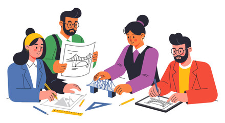 Architects Collaborating On Bridge Designs And Blueprints For Construction Projects