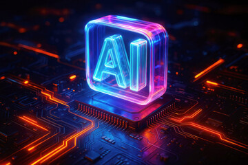 Glowing neon AI symbol on a circuit board with orange light trails artificial intelligence technology