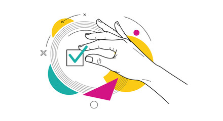 Hand with checkmark in a box, symbolizing a completed task or choice, surrounded by abstract shapes.