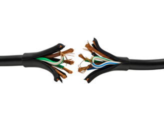 Severed electrical cable with exposed wires isolated on transparent background