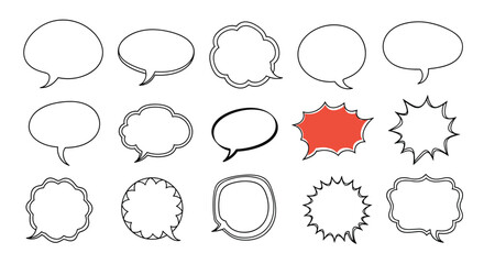 Fototapeta premium Collection of various hand-drawn speech bubble and thought bubble shapes for comic books and graphic design.
