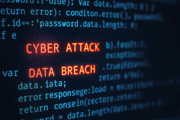 Glowing Orange Cyber Attack and Data Breach Text on Dark Blue Code Background cybersecurity hacker