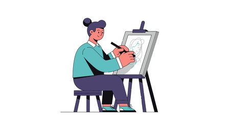 Fototapeta premium Artist Sketching: Illustrated Cartoon of a Sitting Person with Art Easel and Drawing Board