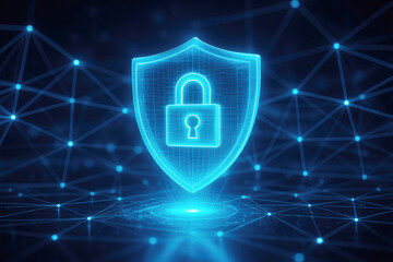 Glowing Neon Blue Shield with Padlock Symbol Over Digital Network Grid cybersecurity security