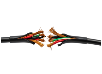 Severed electrical cable with exposed wires isolated on transparent background