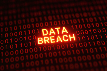Glowing orange text DATA BREACH superimposed on red binary code background data breach digital