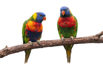 Two vibrant rainbow lorikeets perched on a branch