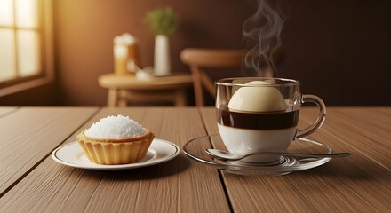 Obraz premium Vietnamese Egg Coffee and Coconut Tart on Rustic Cafe Table