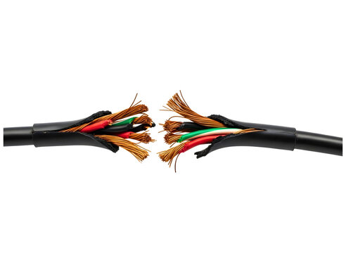 Severed electrical cable with exposed wires isolated on transparent background