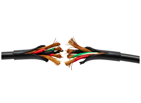 Severed electrical cable with exposed wires isolated on transparent background