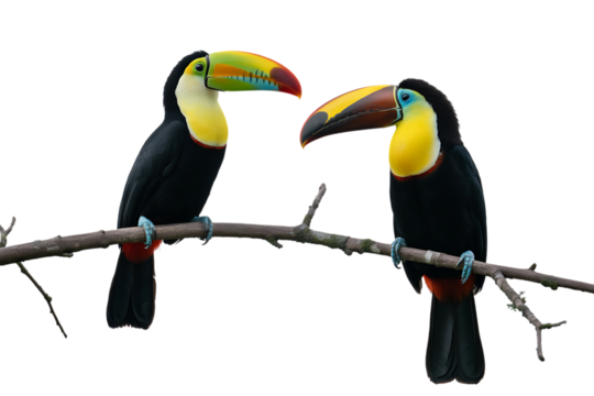 Two colorful toucans perched on a branch
