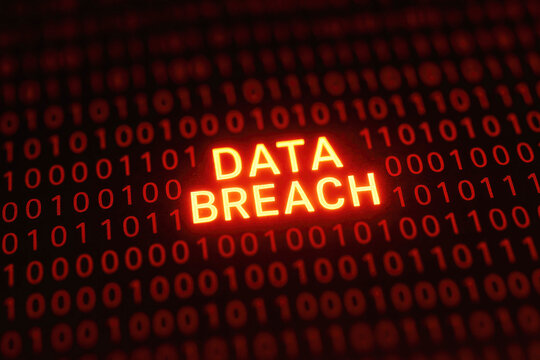 Glowing orange text DATA BREACH superimposed on red binary code background data breach digital