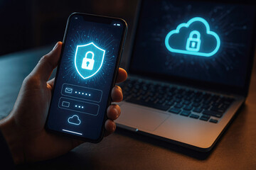 Hand holding smartphone with digital shield and lock screen next to laptop displaying cloud lock icon