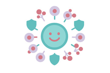 Smiling face icon surrounded by protective shields and natural elements representing immunity and wellness