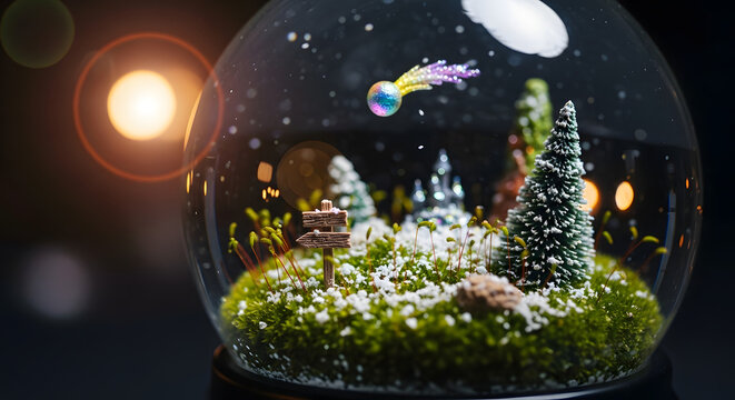 A whimsical snow globe containing miniature trees, moss, a tiny signpost, and a shooting star against a dark, starry background with bokeh lights. - Powered by Adobe