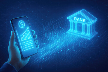 Hand holding smartphone with glowing financial graph next to digital bank building on circuit board background