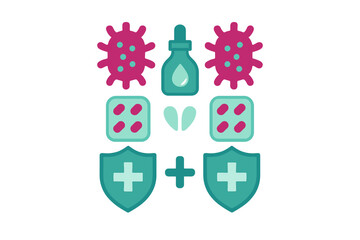 Medical icons set showing virus protection, medication, and health defense symbols
