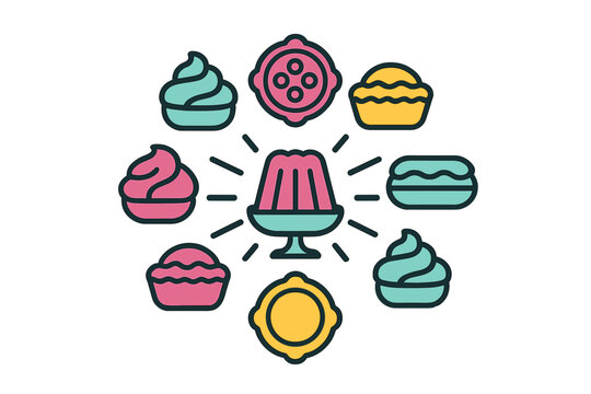 Colorful arrangement of sweet desserts and confectionery items centered around a bright gelatin mold