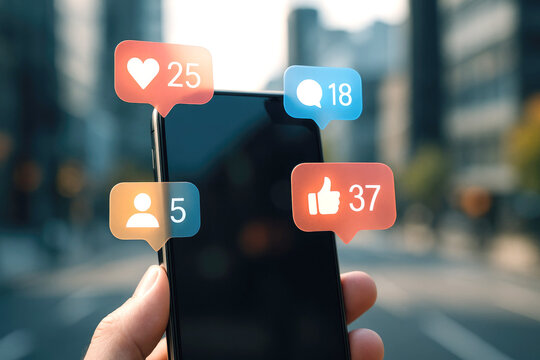 Hand holding smartphone with social media notification icons like heart thumbs up and person - Powered by Adobe