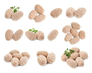 Fresh raw meat patties isolated on white, set