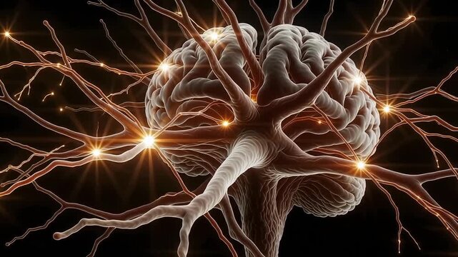 Brain anatomy and neuron activity illustration for science education and medical research