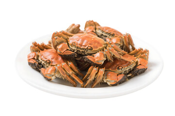 Cooked crabs on white plate ready to eat seafood dish