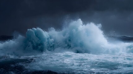 Obraz premium A powerful dramatic wave crashes in the turbulent ocean under a dark stormy sky