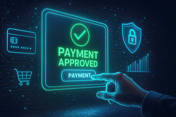Hand touching glowing digital screen with approved payment confirmation and security icons digital payment