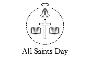 All saints day religious illustration featuring a cross open books praying hands and a halo symbolizing faith and remembrance