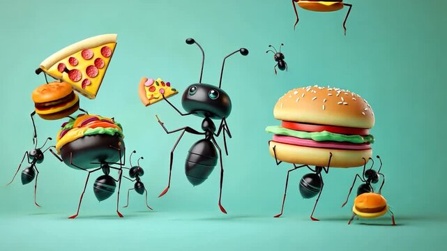 Ants carrying food, cartoon style