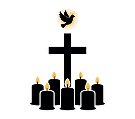 A solemn christian memorial arrangement featuring a black cross burning black candles and a dove symbolizing peace and remembrance