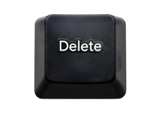 Close up of a black delete key from a computer keyboard isolated on transparent background