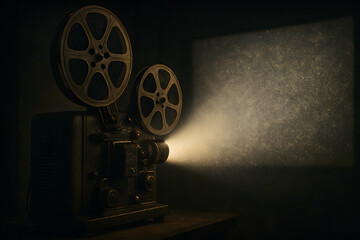Obraz premium Vintage Projector: Capturing the essence of nostalgia, an antique film projector casts a beam of light onto a blank canvas, evoking the allure of classic cinema and storytelling.