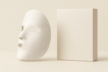 Minimalist beauty composition featuring a white facial sheet mask and blank box on neutral beige background. Concept of skincare, cosmetics, and product packaging design.