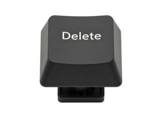 Close up of a black delete key from a computer keyboard isolated on transparent background