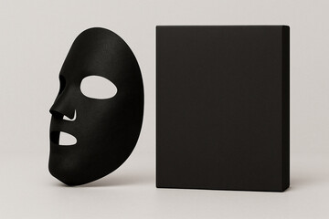 Black cosmetic facial sheet mask mockup with box. Skincare beauty product presentation in minimal black design. Luxury facial mask and packaging concept on neutral background