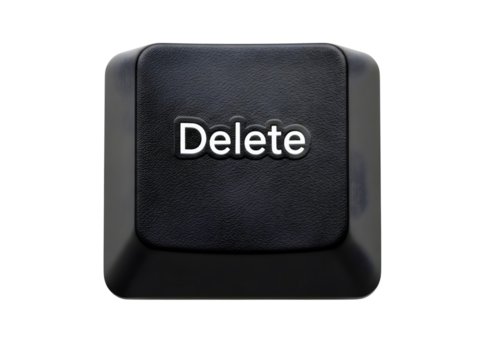 Close up of a black delete key from a computer keyboard isolated on transparent background