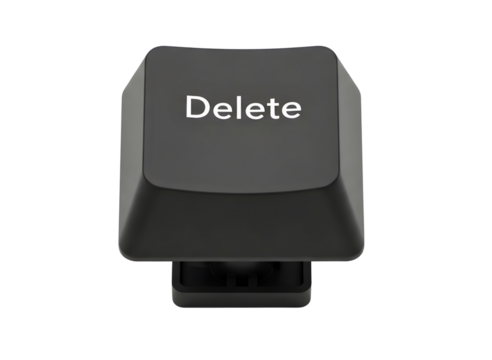 Close up of a black delete key from a computer keyboard isolated on transparent background